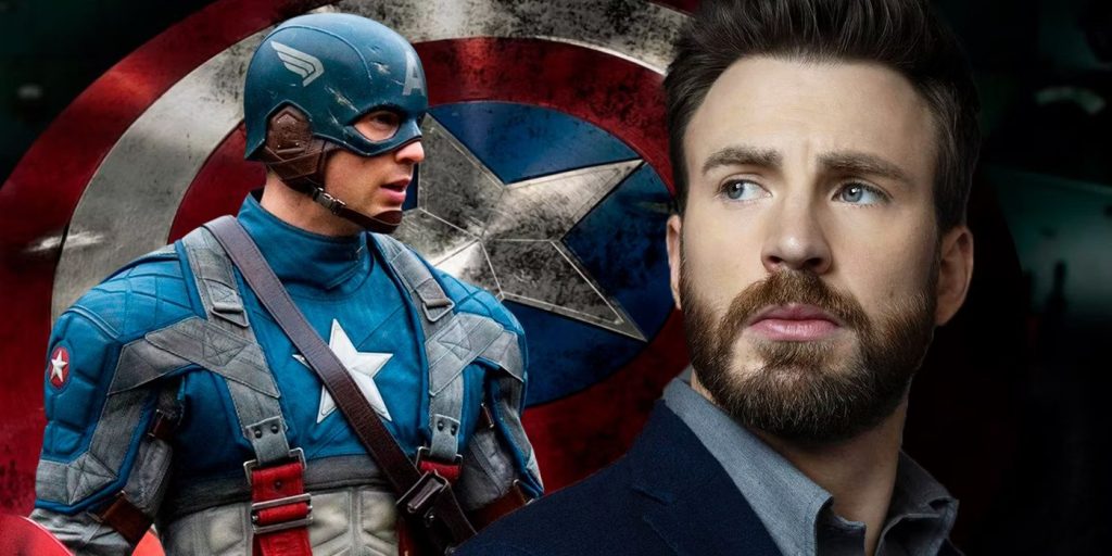 A photo of Chris Evans wearing Captain America suit and in beard