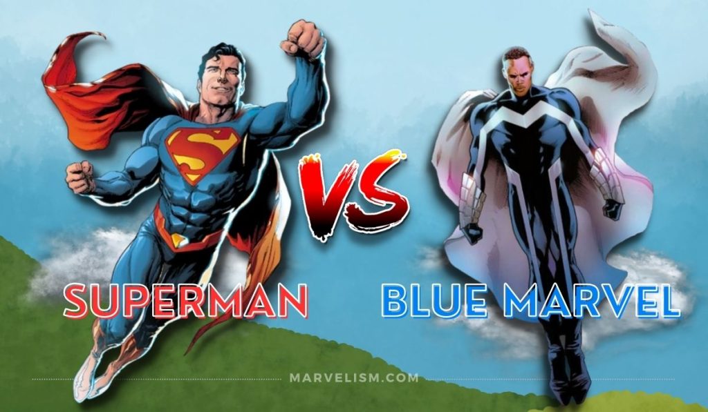 An image showing Superman animated flying and Blue Marvel flying in the air