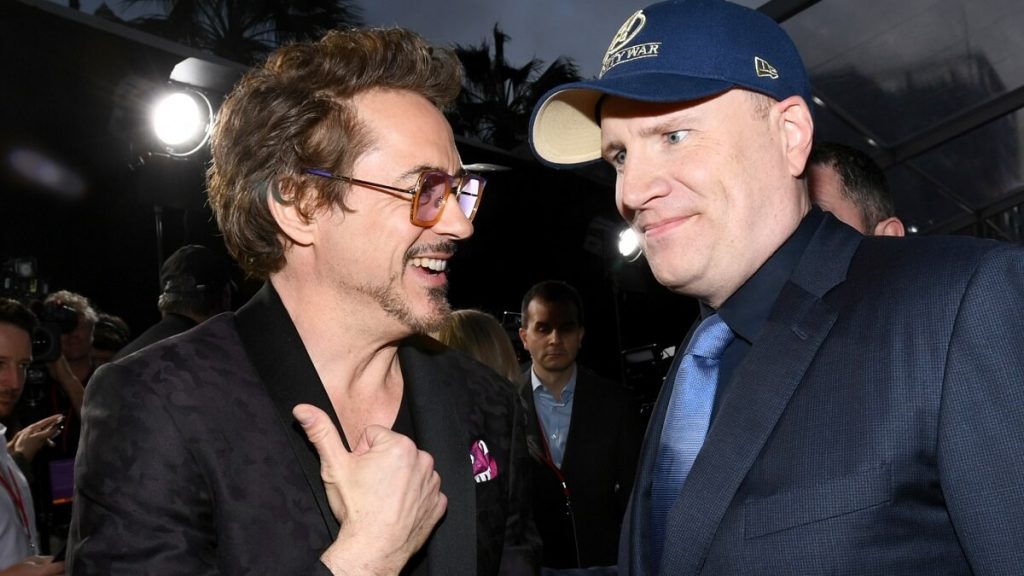 Robert Downey Jr. posing with Marvel Boss, Kevin Feige at Avengers Infinity War Premier