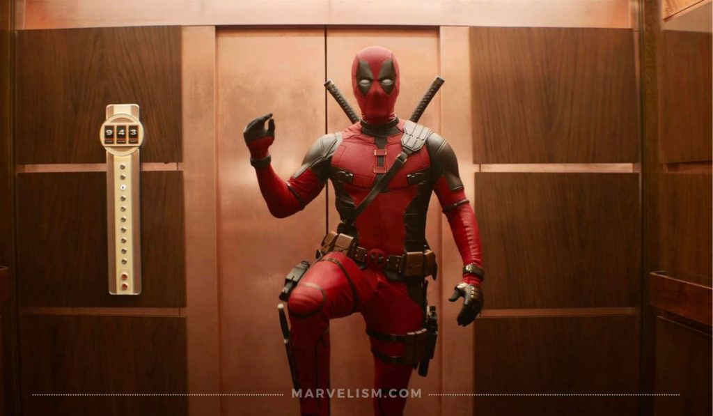 Deadpool in red suit in a lift