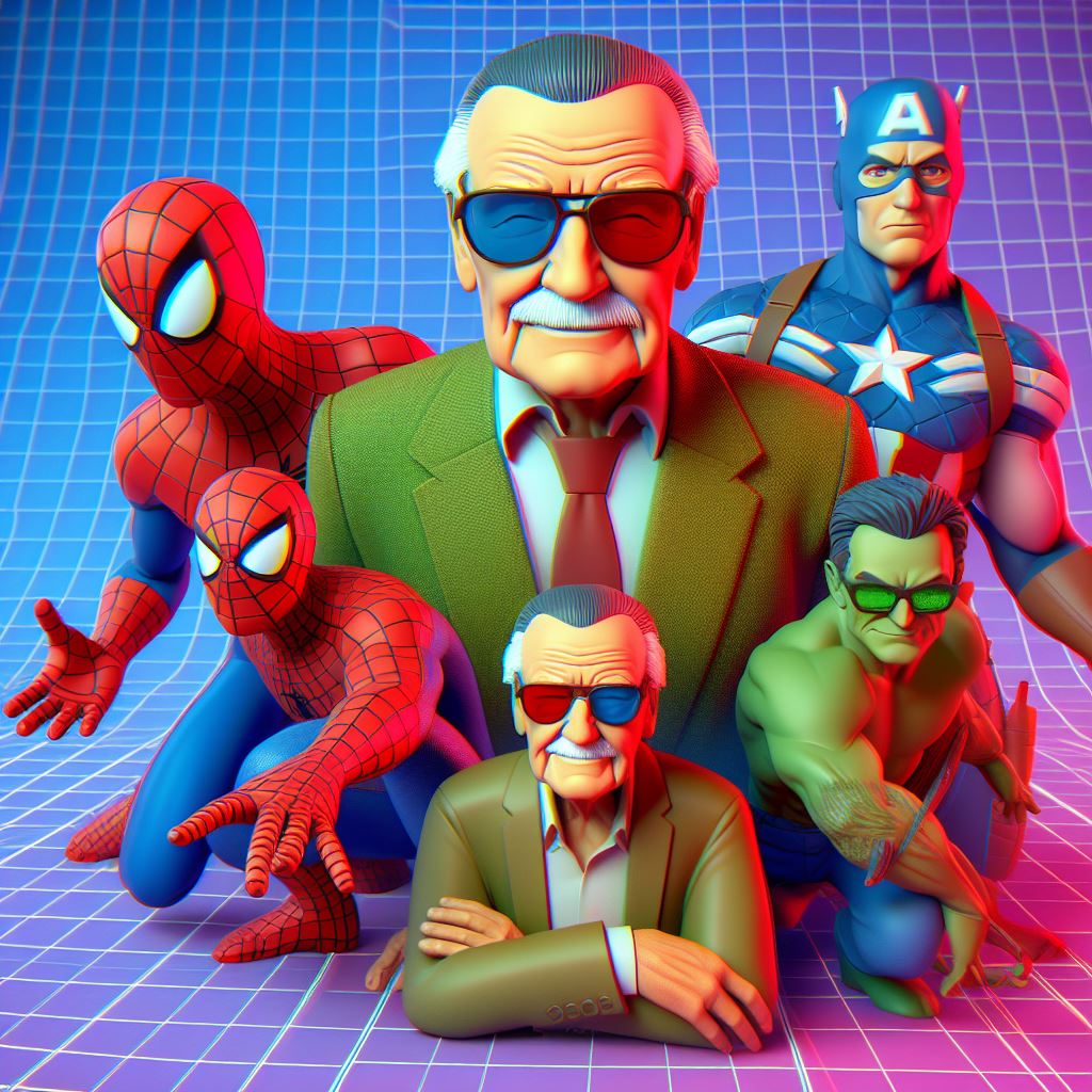 A 3D photo of Stan Lee with his Marvel superheros