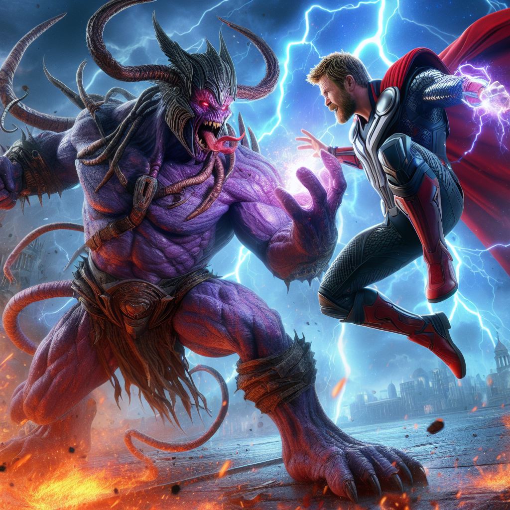 A visual illustration of Thor fighting a strong Marvel villain