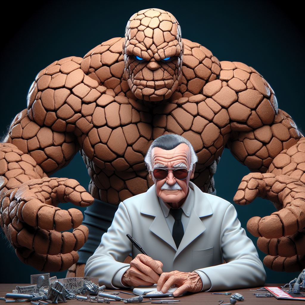 A photo of Stan Lee and Marvel's The Thing in 3d