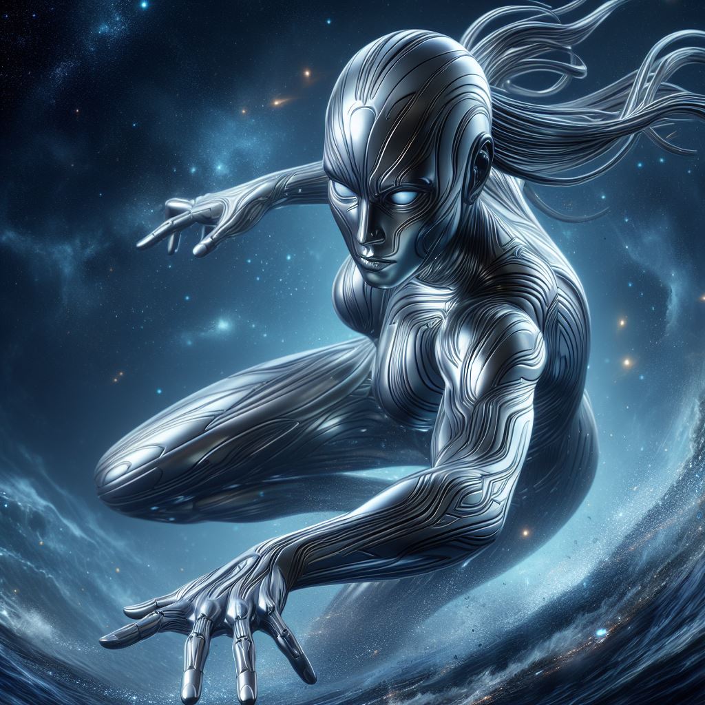 An illustration showing female Silver Surfer of Marvel Studios